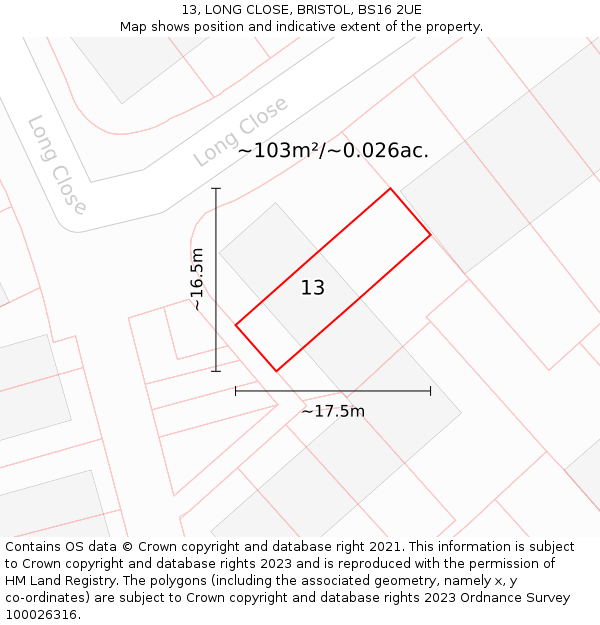 13, LONG CLOSE, BRISTOL, BS16 2UE: Plot and title map