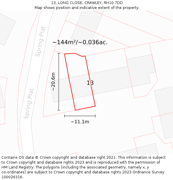 13, LONG CLOSE, CRAWLEY, RH10 7DD: Plot and title map