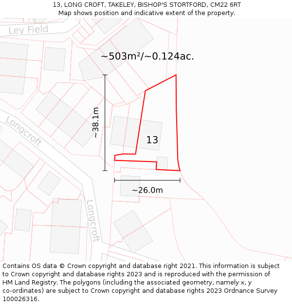 13, LONG CROFT, TAKELEY, BISHOP'S STORTFORD, CM22 6RT: Plot and title map