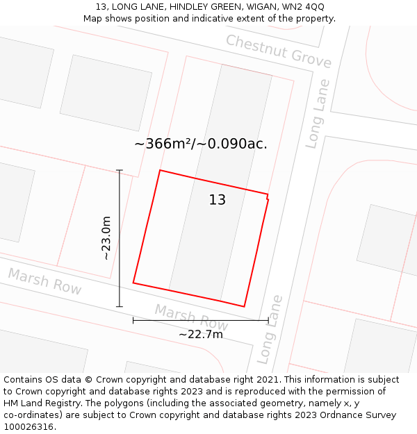 13, LONG LANE, HINDLEY GREEN, WIGAN, WN2 4QQ: Plot and title map
