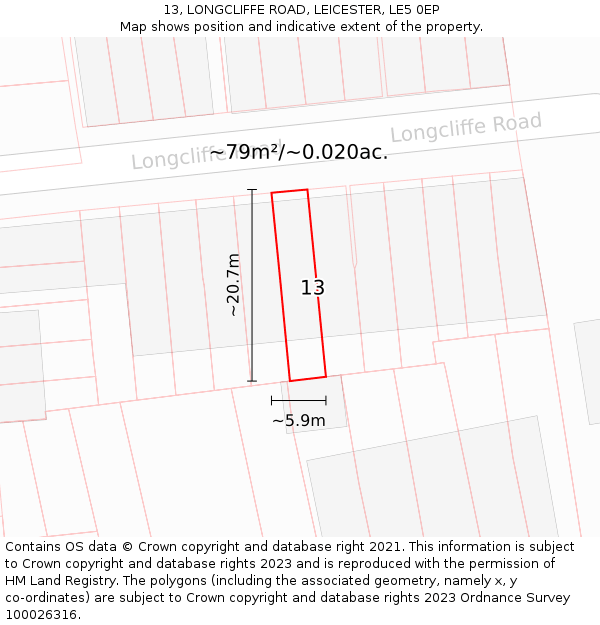 13, LONGCLIFFE ROAD, LEICESTER, LE5 0EP: Plot and title map