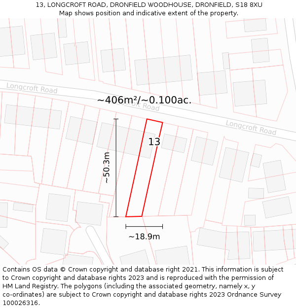 13, LONGCROFT ROAD, DRONFIELD WOODHOUSE, DRONFIELD, S18 8XU: Plot and title map