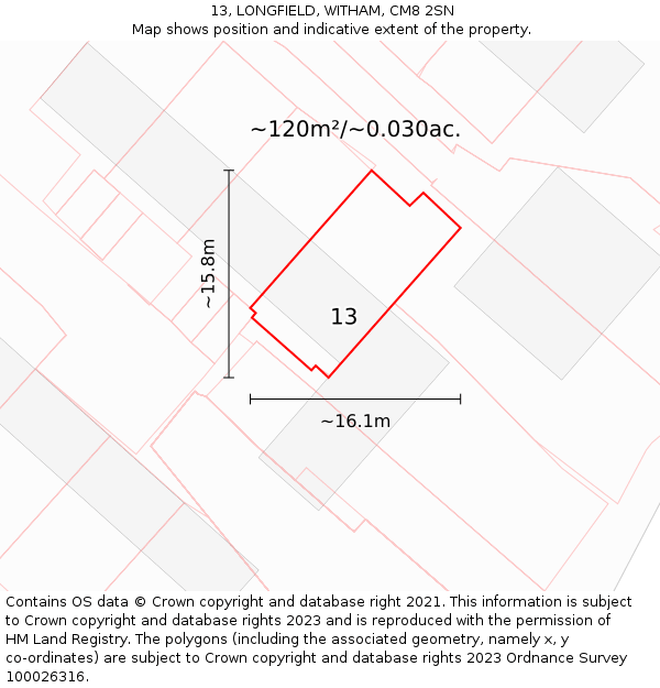 13, LONGFIELD, WITHAM, CM8 2SN: Plot and title map