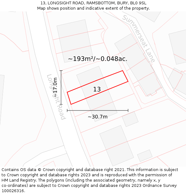 13, LONGSIGHT ROAD, RAMSBOTTOM, BURY, BL0 9SL: Plot and title map