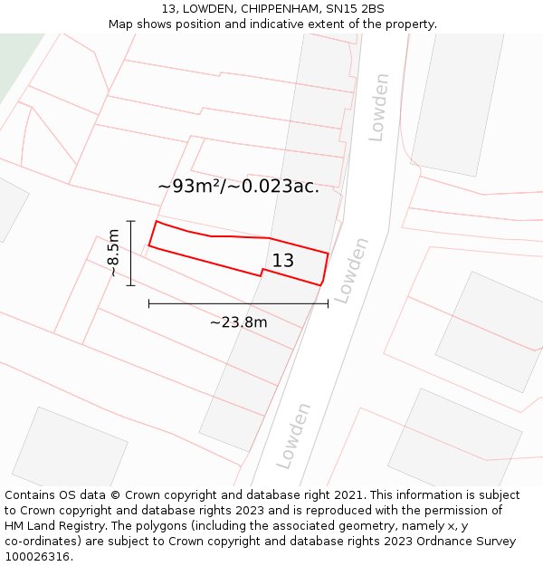 13, LOWDEN, CHIPPENHAM, SN15 2BS: Plot and title map