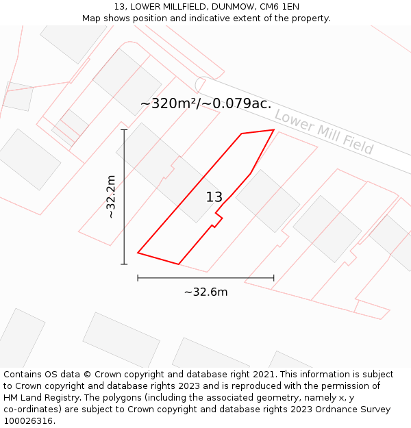 13, LOWER MILLFIELD, DUNMOW, CM6 1EN: Plot and title map