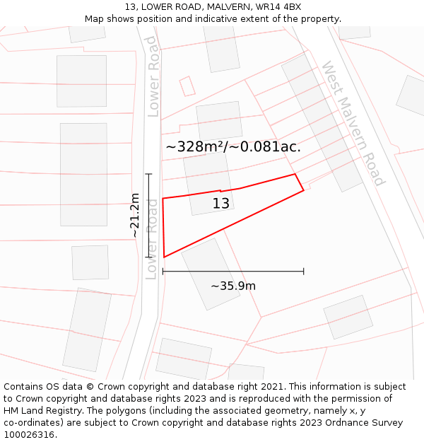 13, LOWER ROAD, MALVERN, WR14 4BX: Plot and title map