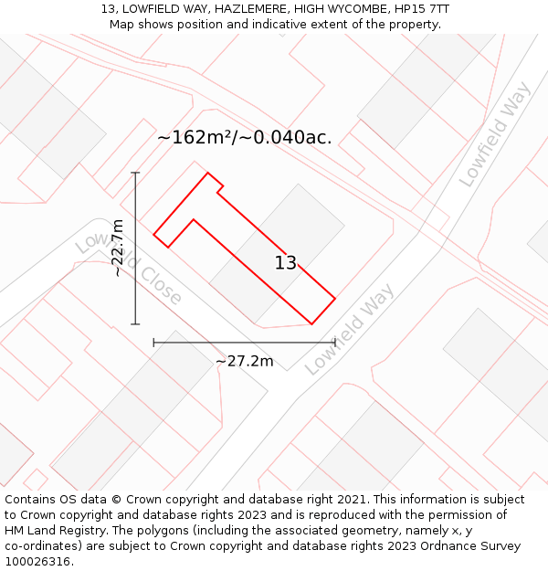 13, LOWFIELD WAY, HAZLEMERE, HIGH WYCOMBE, HP15 7TT: Plot and title map