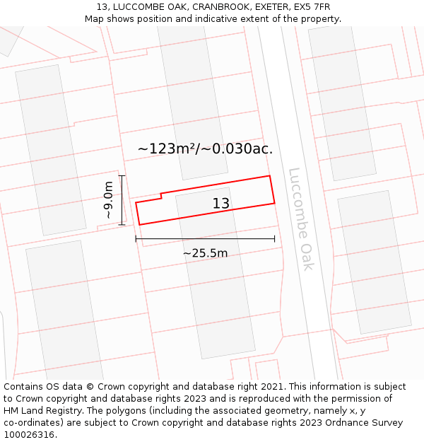13, LUCCOMBE OAK, CRANBROOK, EXETER, EX5 7FR: Plot and title map