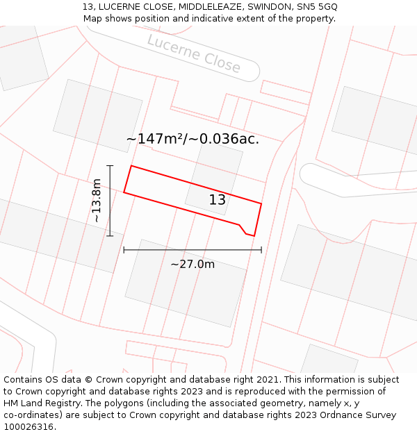13, LUCERNE CLOSE, MIDDLELEAZE, SWINDON, SN5 5GQ: Plot and title map