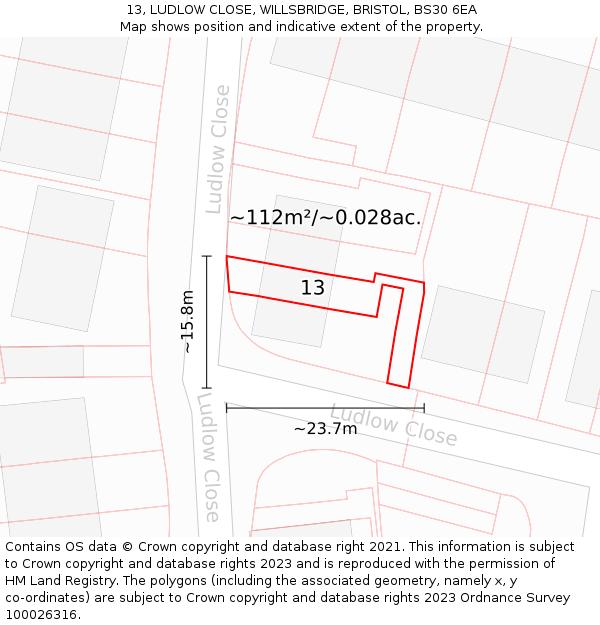 13, LUDLOW CLOSE, WILLSBRIDGE, BRISTOL, BS30 6EA: Plot and title map