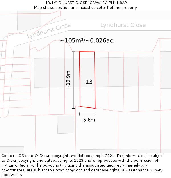 13, LYNDHURST CLOSE, CRAWLEY, RH11 8AP: Plot and title map