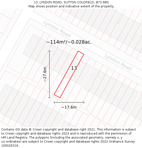 13, LYNDON ROAD, SUTTON COLDFIELD, B73 6BS: Plot and title map