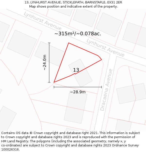 13, LYNHURST AVENUE, STICKLEPATH, BARNSTAPLE, EX31 2ER: Plot and title map