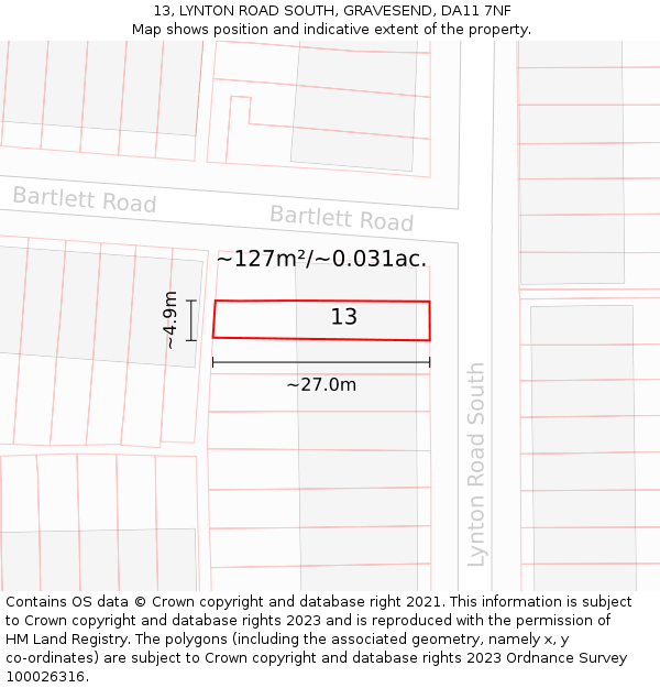 13, LYNTON ROAD SOUTH, GRAVESEND, DA11 7NF: Plot and title map