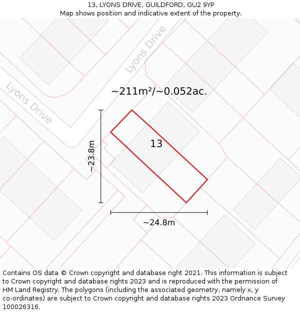 13, LYONS DRIVE, GUILDFORD, GU2 9YP: Plot and title map