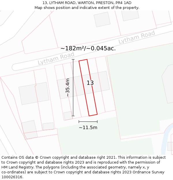 13, LYTHAM ROAD, WARTON, PRESTON, PR4 1AD: Plot and title map