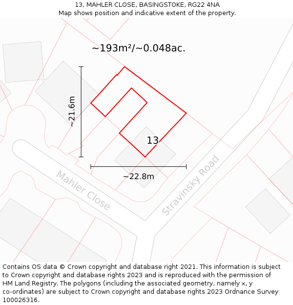 13, MAHLER CLOSE, BASINGSTOKE, RG22 4NA: Plot and title map