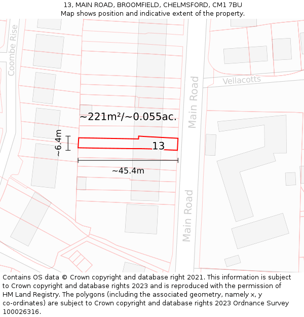 13, MAIN ROAD, BROOMFIELD, CHELMSFORD, CM1 7BU: Plot and title map