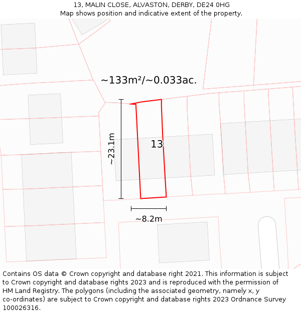 13, MALIN CLOSE, ALVASTON, DERBY, DE24 0HG: Plot and title map