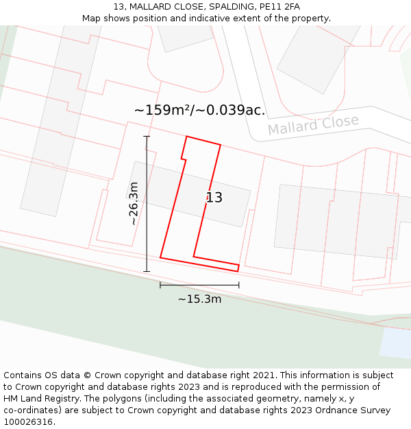 13, MALLARD CLOSE, SPALDING, PE11 2FA: Plot and title map