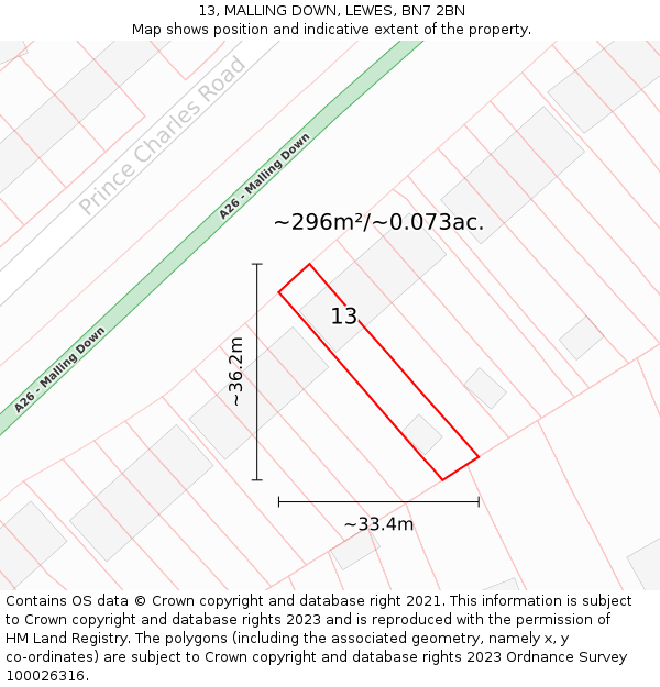13, MALLING DOWN, LEWES, BN7 2BN: Plot and title map