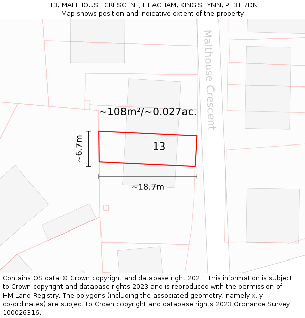13, MALTHOUSE CRESCENT, HEACHAM, KING'S LYNN, PE31 7DN: Plot and title map