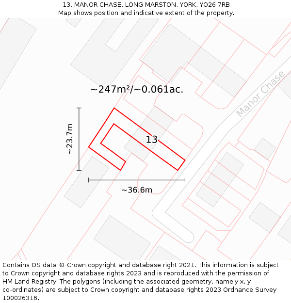13, MANOR CHASE, LONG MARSTON, YORK, YO26 7RB: Plot and title map