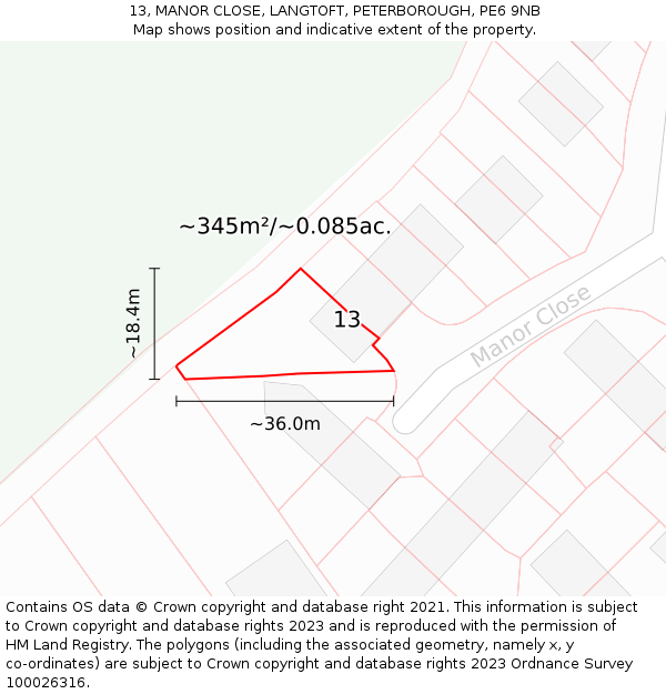 13, MANOR CLOSE, LANGTOFT, PETERBOROUGH, PE6 9NB: Plot and title map