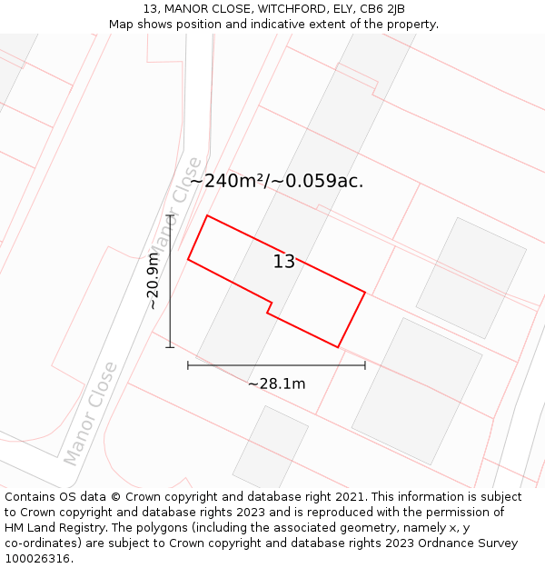 13, MANOR CLOSE, WITCHFORD, ELY, CB6 2JB: Plot and title map