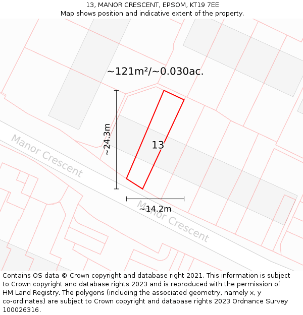 13, MANOR CRESCENT, EPSOM, KT19 7EE: Plot and title map