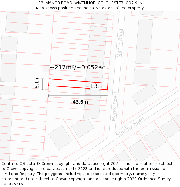 13, MANOR ROAD, WIVENHOE, COLCHESTER, CO7 9LN: Plot and title map