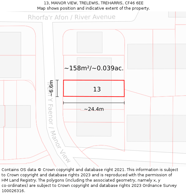 13, MANOR VIEW, TRELEWIS, TREHARRIS, CF46 6EE: Plot and title map