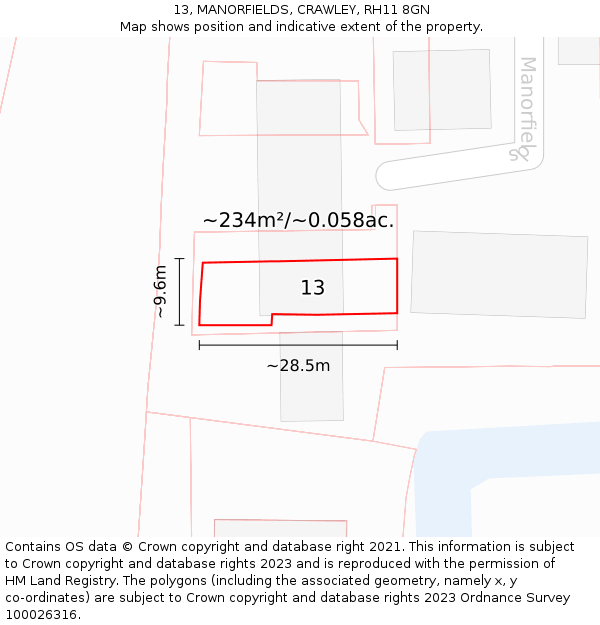 13, MANORFIELDS, CRAWLEY, RH11 8GN: Plot and title map