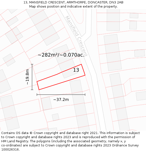 13, MANSFIELD CRESCENT, ARMTHORPE, DONCASTER, DN3 2AB: Plot and title map