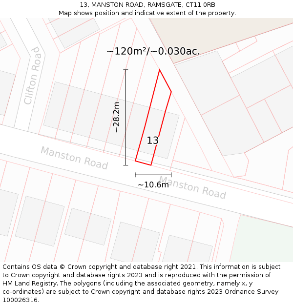 13, MANSTON ROAD, RAMSGATE, CT11 0RB: Plot and title map