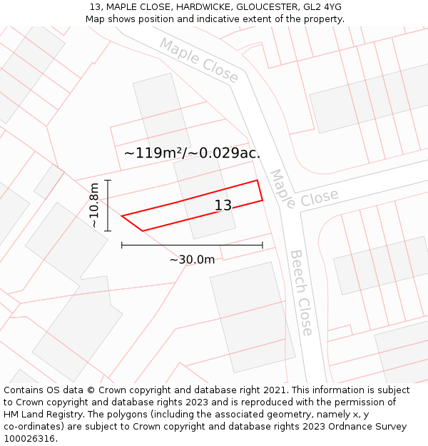 13, MAPLE CLOSE, HARDWICKE, GLOUCESTER, GL2 4YG: Plot and title map