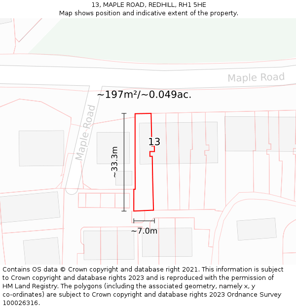 13, MAPLE ROAD, REDHILL, RH1 5HE: Plot and title map