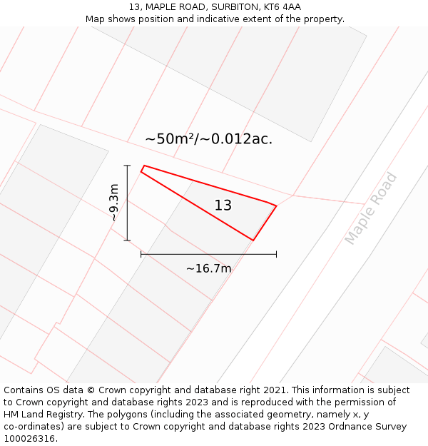 13, MAPLE ROAD, SURBITON, KT6 4AA: Plot and title map