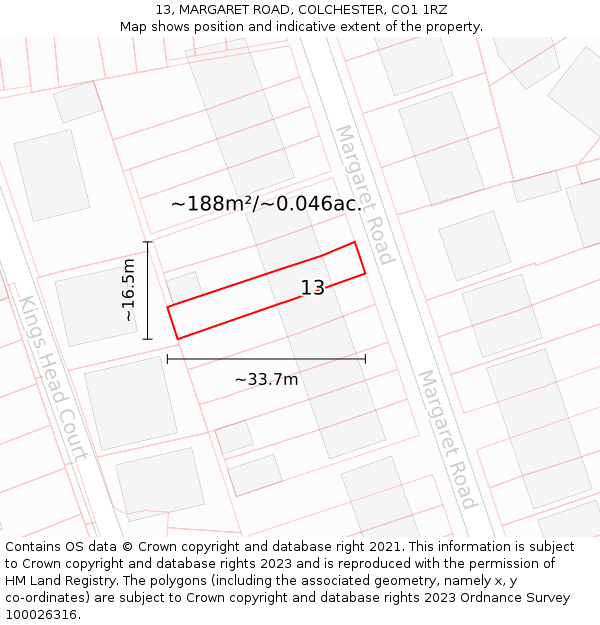 13, MARGARET ROAD, COLCHESTER, CO1 1RZ: Plot and title map