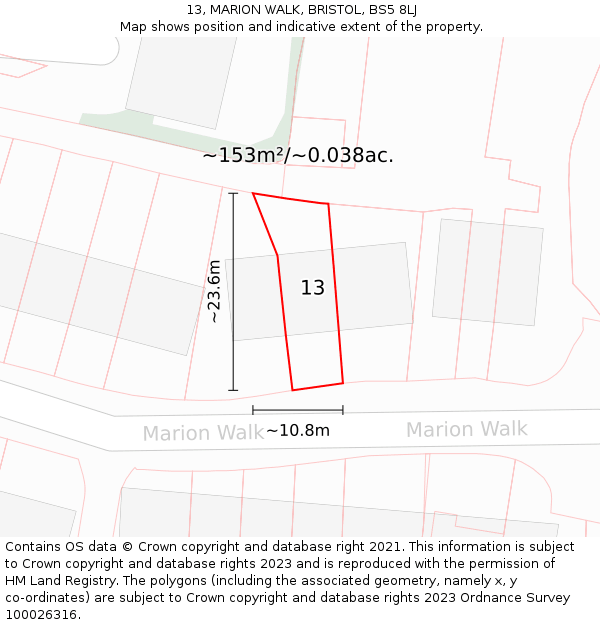 13, MARION WALK, BRISTOL, BS5 8LJ: Plot and title map