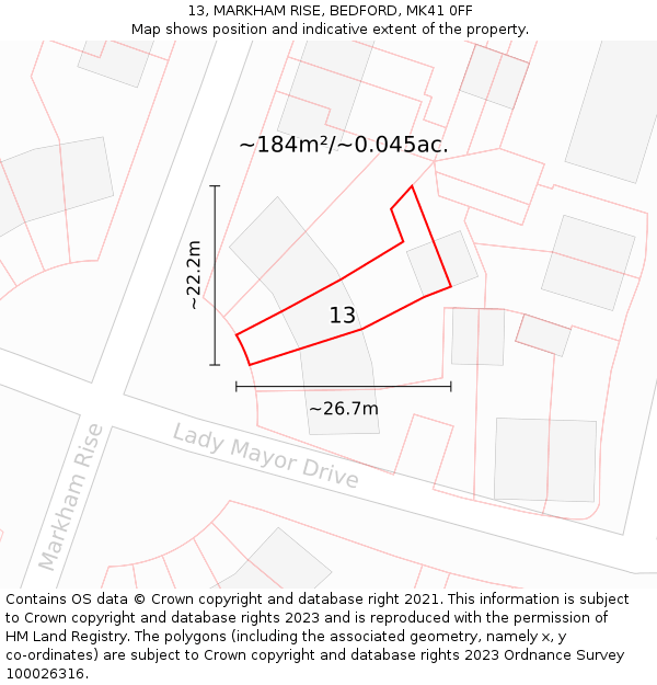 13, MARKHAM RISE, BEDFORD, MK41 0FF: Plot and title map