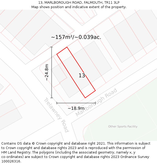 13, MARLBOROUGH ROAD, FALMOUTH, TR11 3LP: Plot and title map