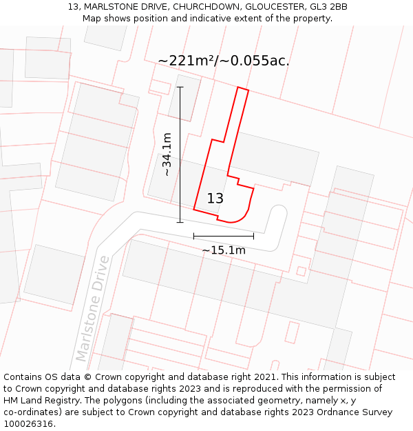 13, MARLSTONE DRIVE, CHURCHDOWN, GLOUCESTER, GL3 2BB: Plot and title map