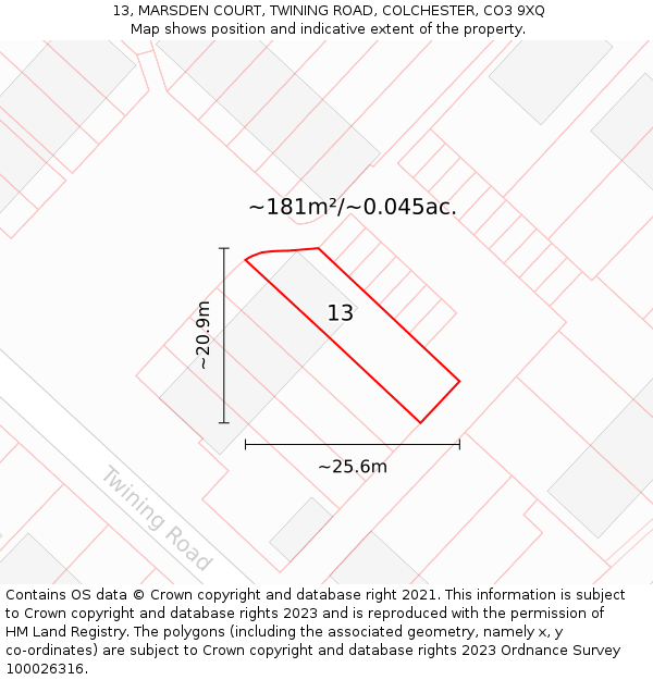 13, MARSDEN COURT, TWINING ROAD, COLCHESTER, CO3 9XQ: Plot and title map