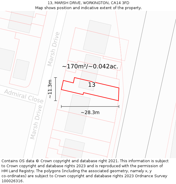 13, MARSH DRIVE, WORKINGTON, CA14 3FD: Plot and title map