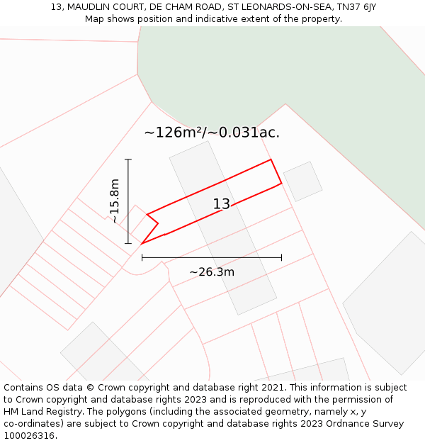 13, MAUDLIN COURT, DE CHAM ROAD, ST LEONARDS-ON-SEA, TN37 6JY: Plot and title map