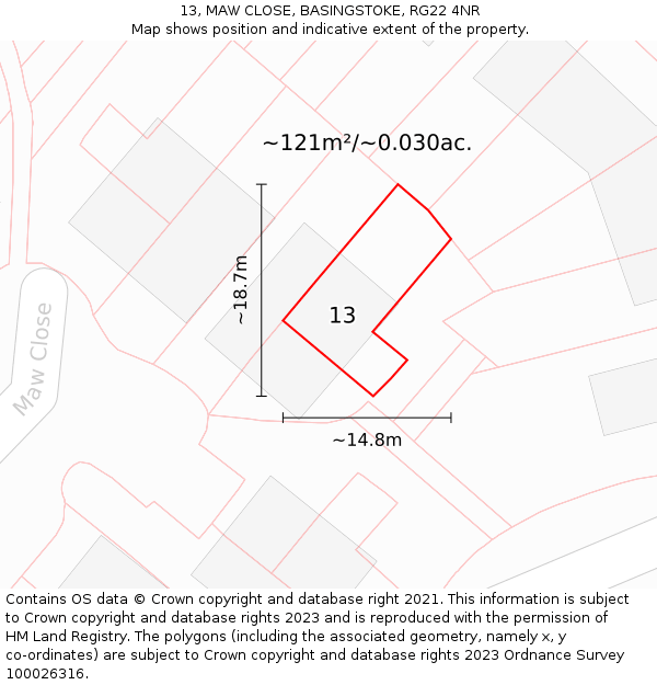 13, MAW CLOSE, BASINGSTOKE, RG22 4NR: Plot and title map