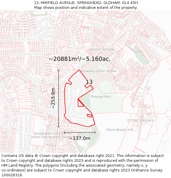 13, MAYFIELD AVENUE, SPRINGHEAD, OLDHAM, OL4 4SH: Plot and title map