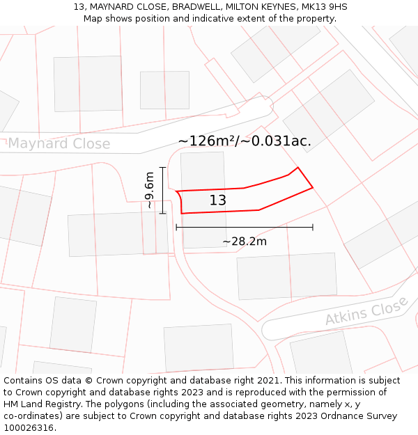 13, MAYNARD CLOSE, BRADWELL, MILTON KEYNES, MK13 9HS: Plot and title map